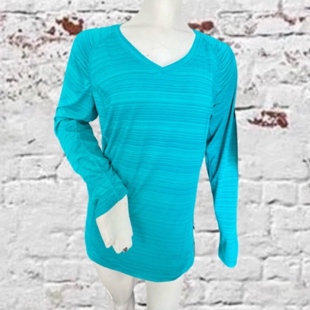 Women’s Blue Green Xersion Long Sleeve Athletic Wear Top Rouched Back Size XL